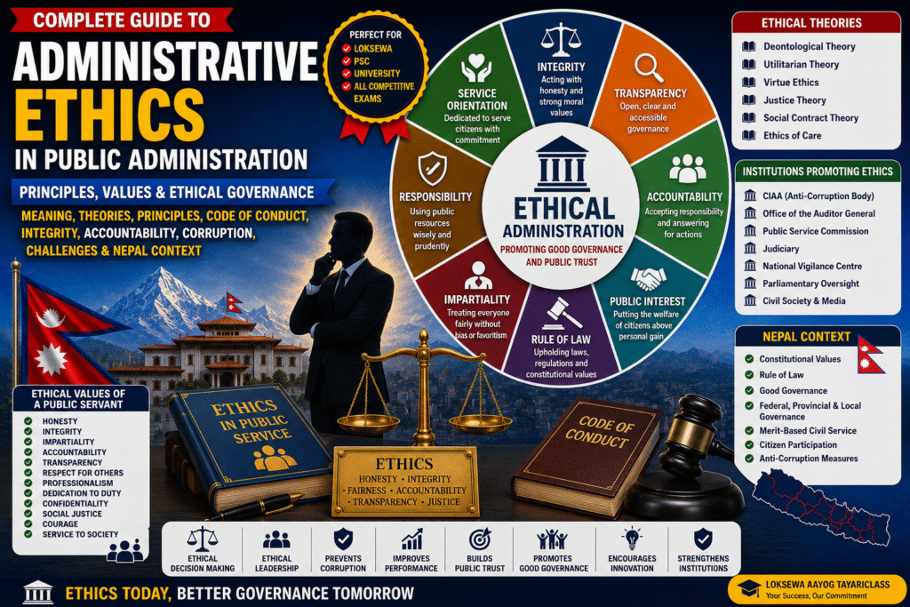 Administrative Ethics in Public Administration: Meaning, Principles, Ethical Theories, Code of Conduct, Integrity, Accountability, Corruption, Challenges, and Nepal Context Administrative Ethics in Public Administration infographic showing ethical principles, integrity, accountability, code of conduct, corruption prevention, and Nepal context