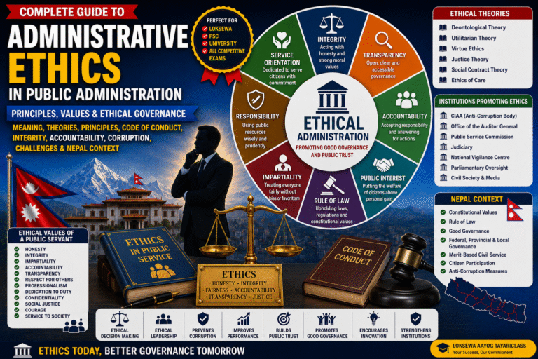 Administrative Ethics in Public Administration infographic showing ethical principles, integrity, accountability, code of conduct, corruption prevention, and Nepal context