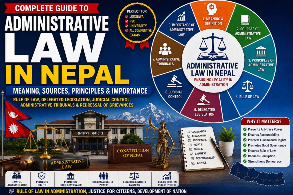Administrative Law in Nepal: Meaning, Sources, Principles, Rule of Law, Delegated Legislation, Judicial Control, Administrative Tribunals, and Importance administrative law in nepal