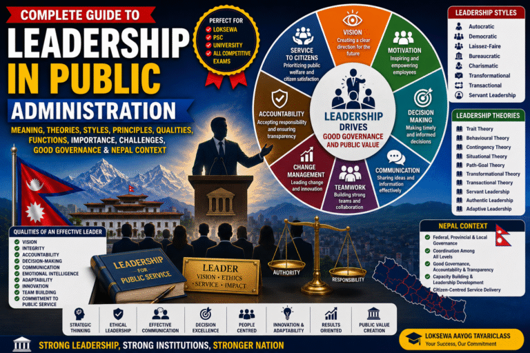 Leadership in Public Administration infographic showing leadership theories, leadership styles, public service values, and Nepal context