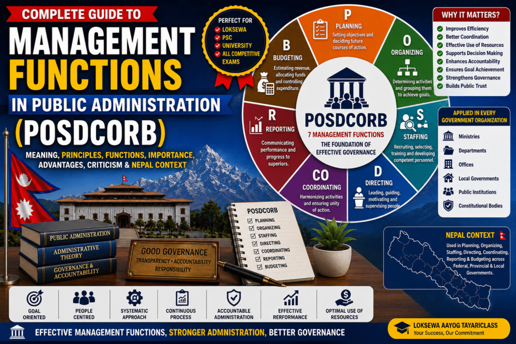 Management Functions in Public Administration (POSDCORB): Meaning, Functions, Principles, Importance, Criticism, and Nepal Context management functions in public administration (posdcorb)