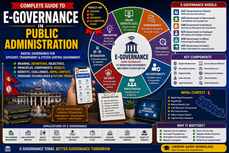 E-Governance in Public Administration infographic showing meaning, models, components, benefits, and Nepal context
